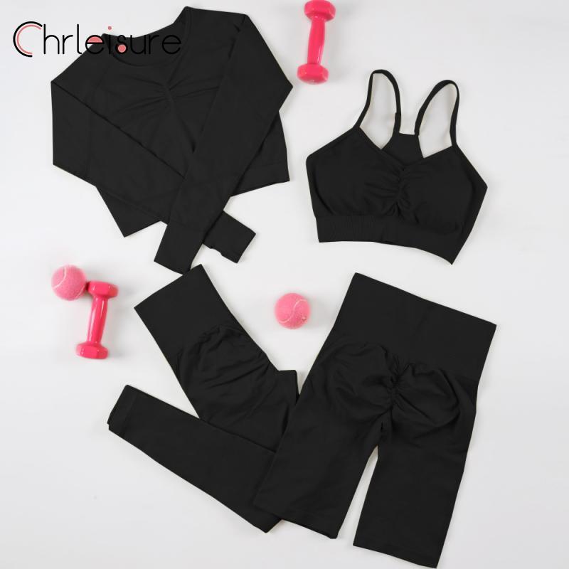 CHRLEISURE 2/3/4 Piece Gym Yoga Set Women Seamless Sportswear Outfits Workout Fitness Shorts for Female Sports Leggings Suit - Alcoholic Hair