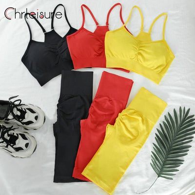 CHRLEISURE 2/3/4 Piece Gym Yoga Set Women Seamless Sportswear Outfits Workout Fitness Shorts for Female Sports Leggings Suit - Alcoholic Hair